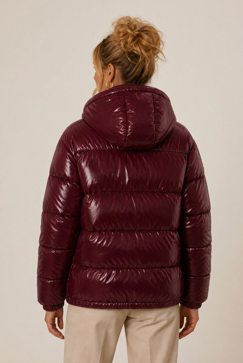 Hooded glossy puffer winter jacket for women with elastic cuffs - view 6