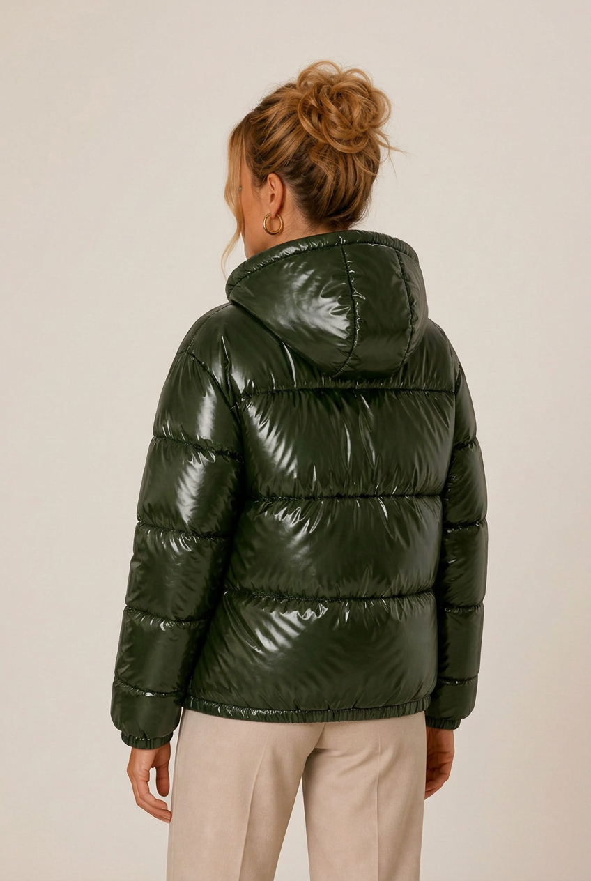Hooded glossy puffer winter jacket for women with elastic cuffs - view 9