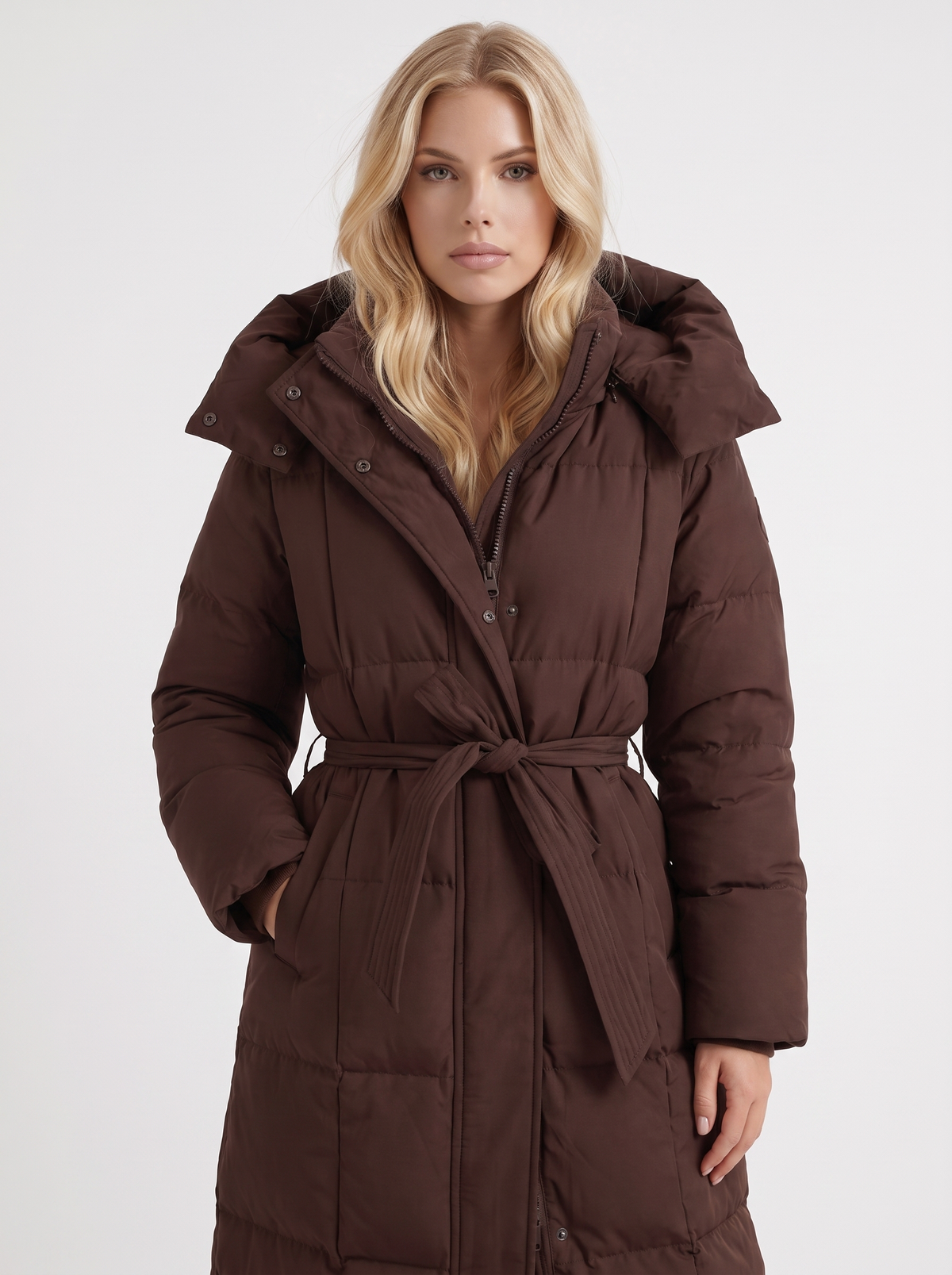 Model in a quilted hooded winter puffer jacket with self-tie belt - view 8