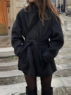 Elena belted funnel neck short coat - front view