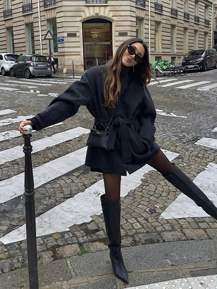 Elena belted funnel neck short coat - view 5