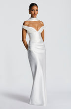 Woman wearing a satin off-shoulder maxi dress with pleated bust and corset bodice - view 10