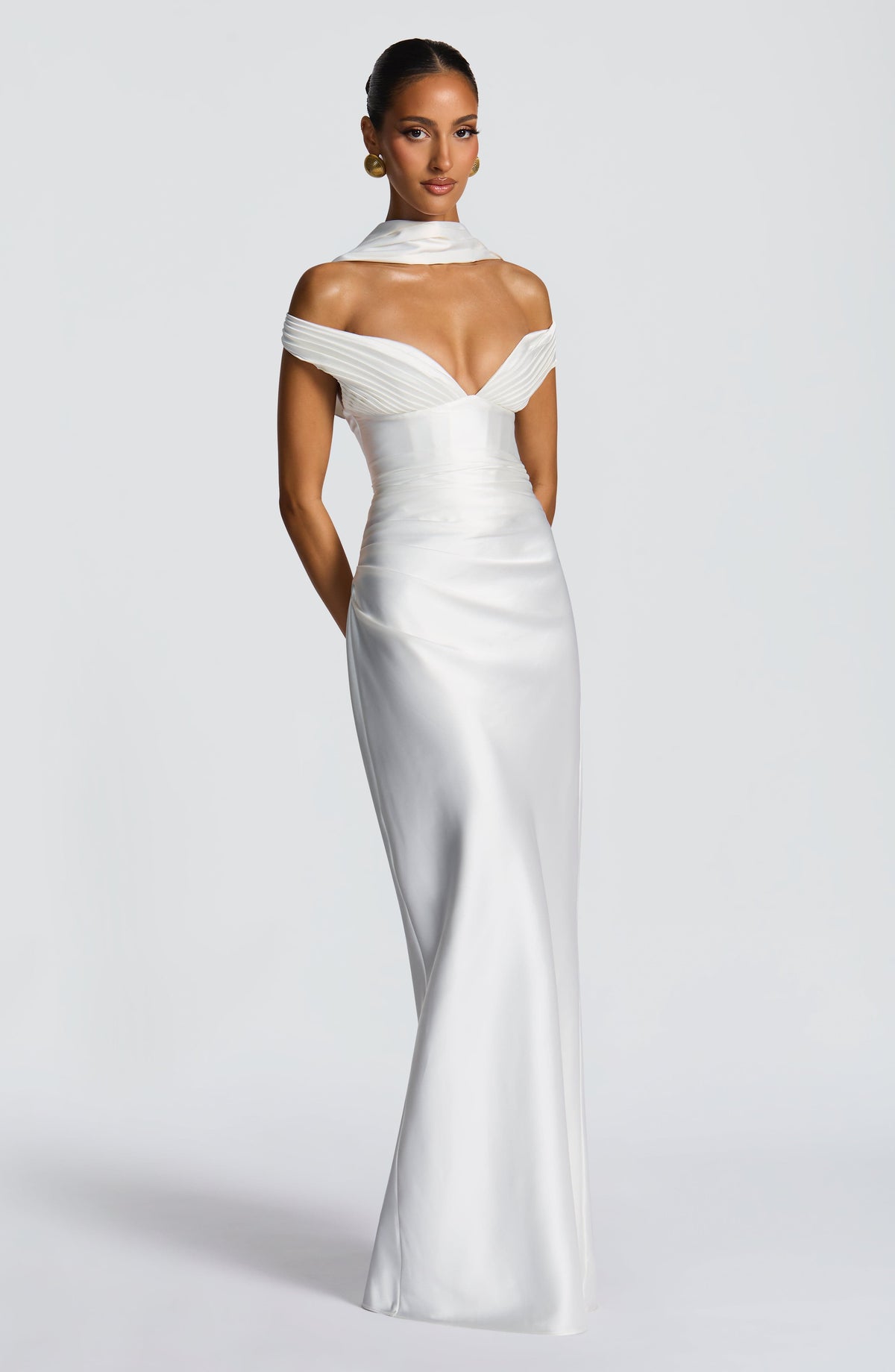 Woman wearing a satin off-shoulder maxi dress with pleated bust and corset bodice - view 10