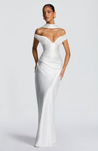 Woman wearing a satin off-shoulder maxi dress with pleated bust and corset bodice - view 12
