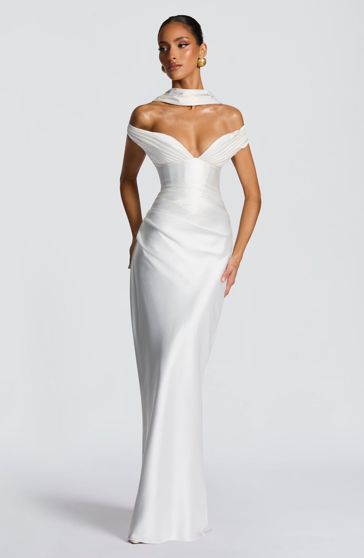 Woman wearing a satin off-shoulder maxi dress with pleated bust and corset bodice - view 12
