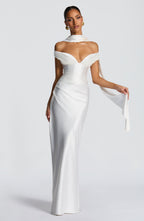 Woman wearing a satin off-shoulder maxi dress with pleated bust and corset bodice - view 13
