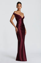 Woman wearing a satin off-shoulder maxi dress with pleated bust and corset bodice - view 14