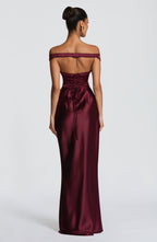 Woman wearing a satin off-shoulder maxi dress with pleated bust and corset bodice - view 15