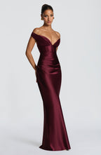 Woman wearing a satin off-shoulder maxi dress with pleated bust and corset bodice - view 16