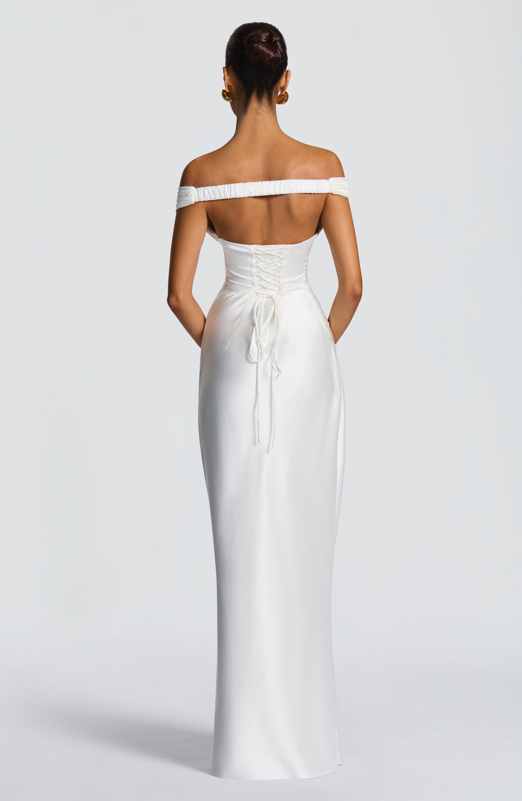 Woman wearing a satin off-shoulder maxi dress with pleated bust and corset bodice - view 2