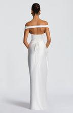 Woman wearing a satin off-shoulder maxi dress with pleated bust and corset bodice - view 2