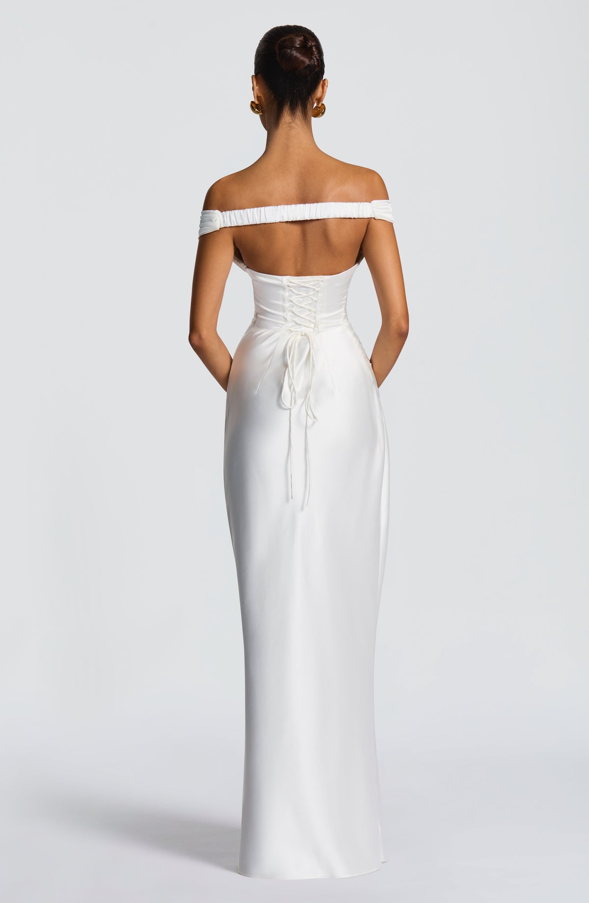 Woman wearing a satin off-shoulder maxi dress with pleated bust and corset bodice - view 2