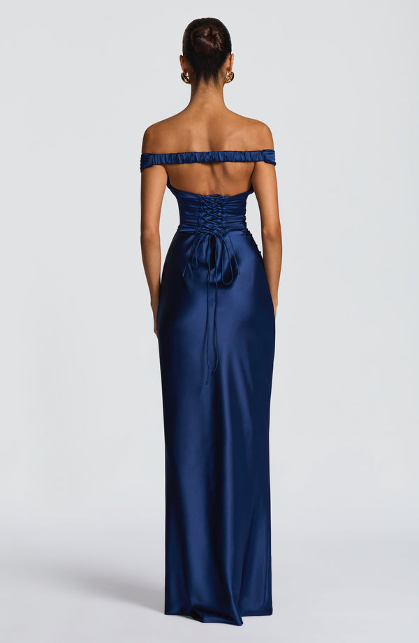 Woman wearing a satin off-shoulder maxi dress with pleated bust and corset bodice - view 21
