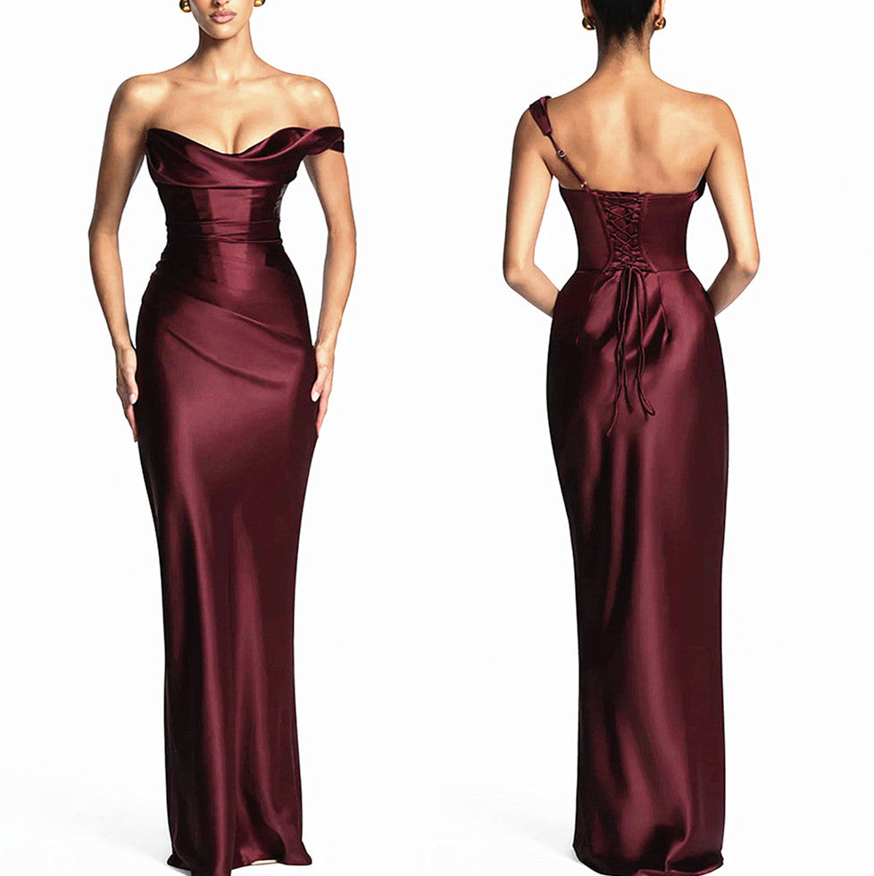 Woman wearing a satin off-shoulder maxi dress with pleated bust and corset bodice - view 27