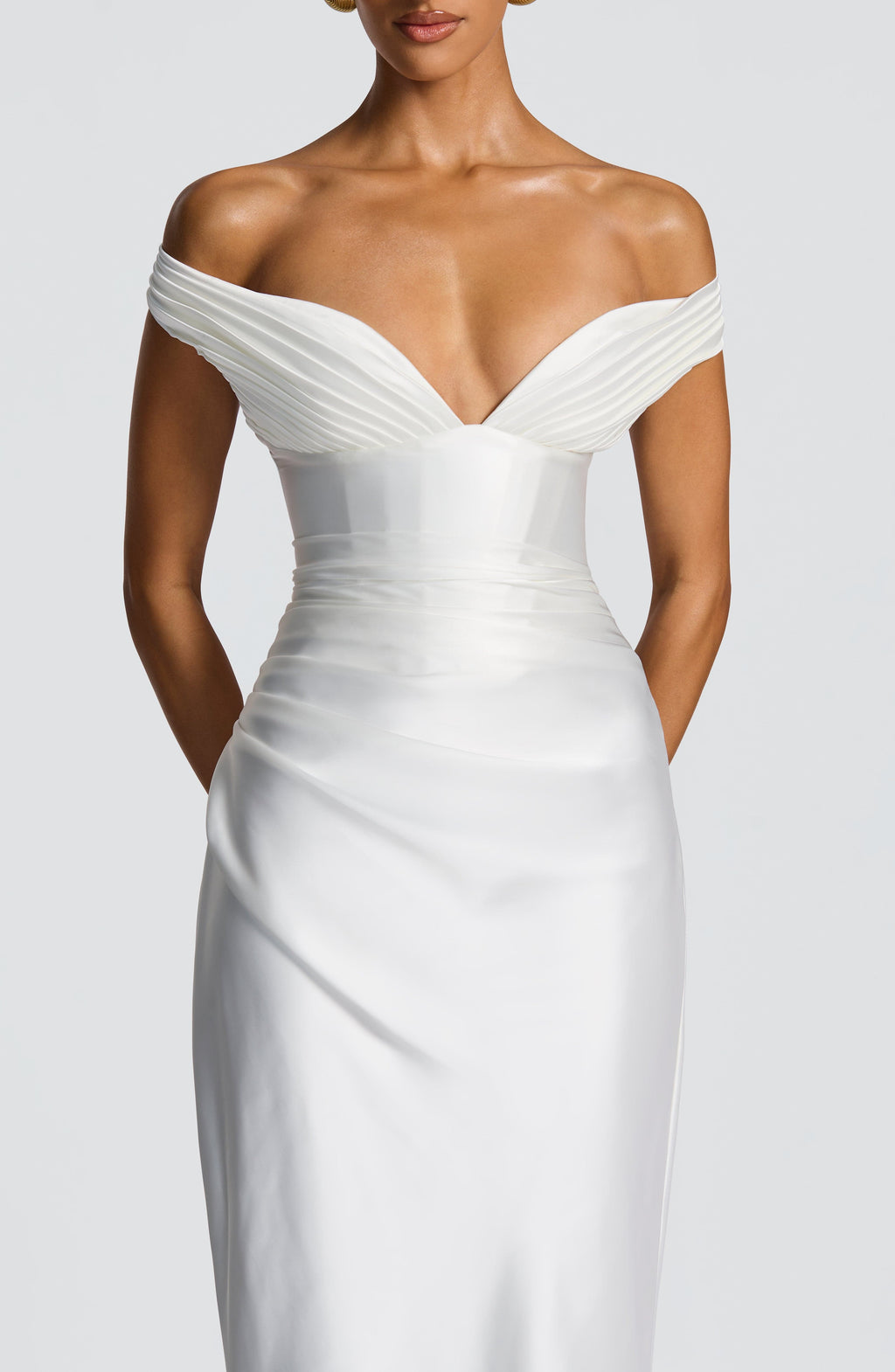 Woman wearing a satin off-shoulder maxi dress with pleated bust and corset bodice - view 3