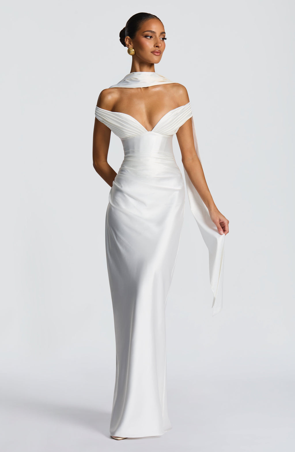 Woman wearing a satin off-shoulder maxi dress with pleated bust and corset bodice - view 4