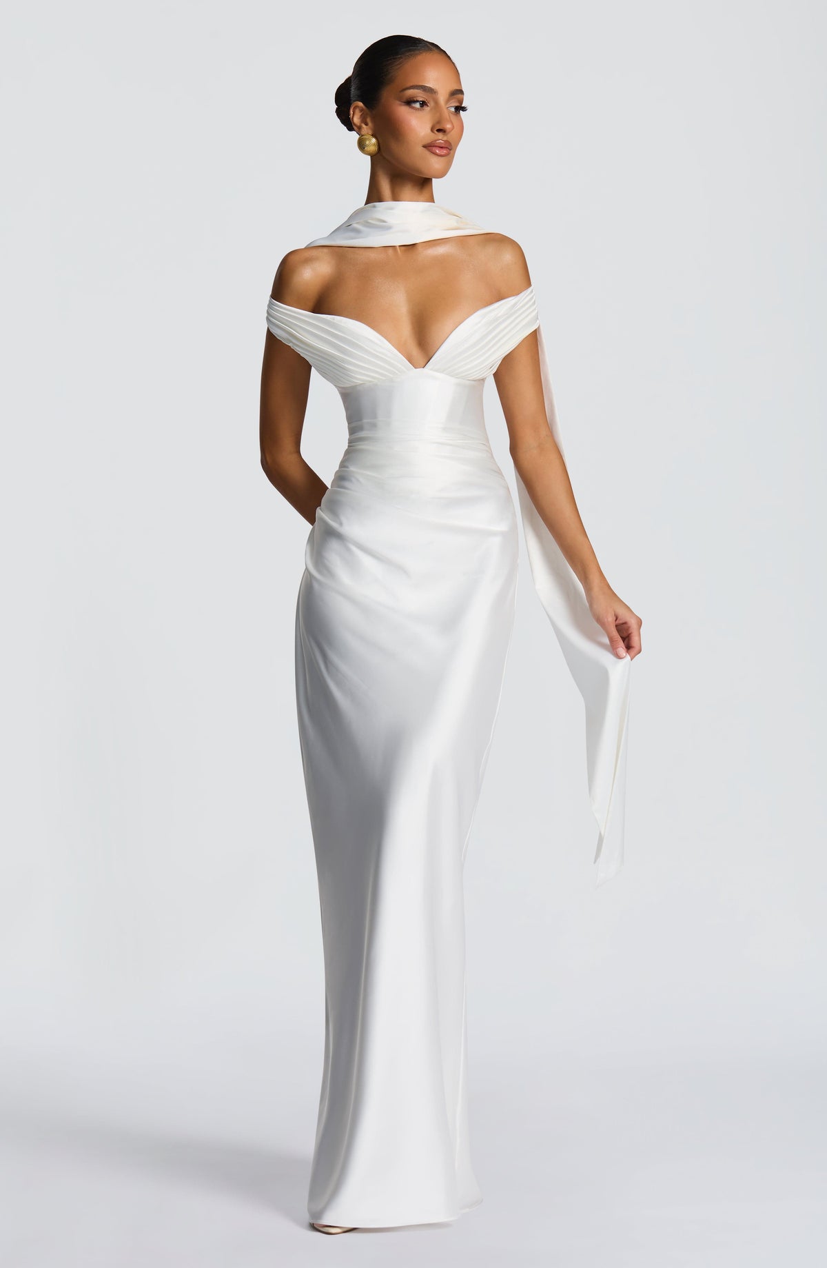 Woman wearing a satin off-shoulder maxi dress with pleated bust and corset bodice - view 4