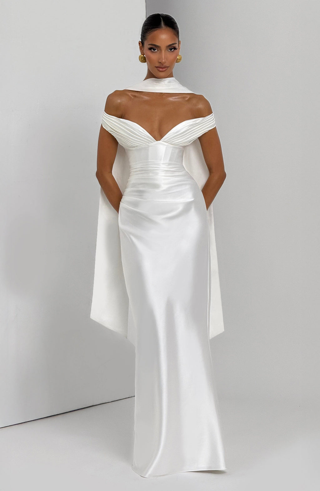 Woman wearing a satin off-shoulder maxi dress with pleated bust and corset bodice - view 5
