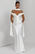 Woman wearing a satin off-shoulder maxi dress with pleated bust and corset bodice - view 5