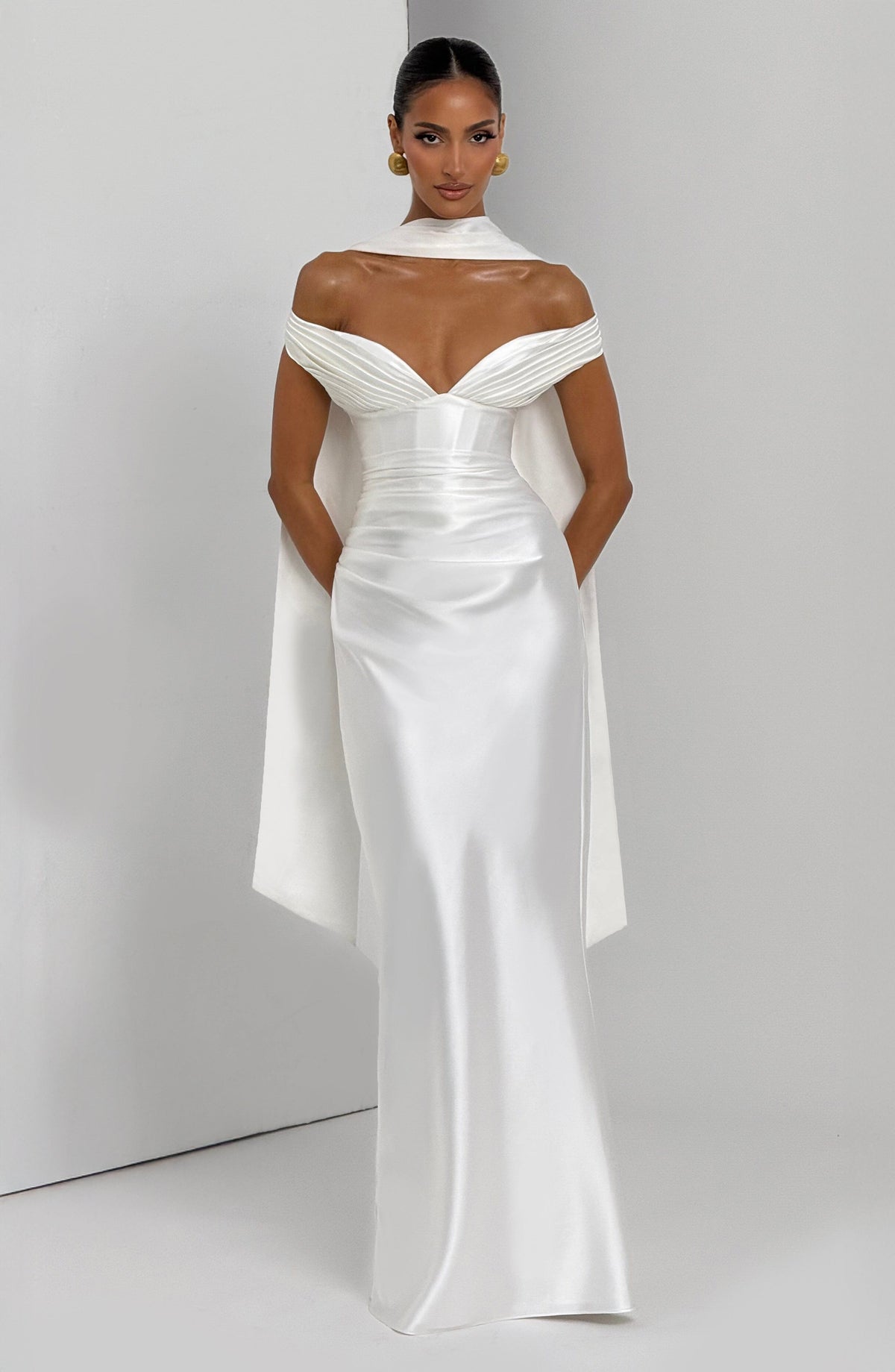 Woman wearing a satin off-shoulder maxi dress with pleated bust and corset bodice - view 5