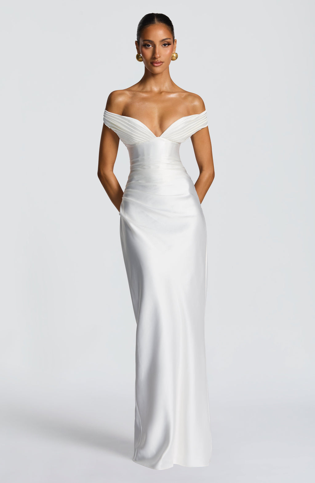 Woman wearing a satin off-shoulder maxi dress with pleated bust and corset bodice - view 7