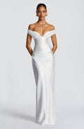Woman wearing a satin off-shoulder maxi dress with pleated bust and corset bodice - view 7