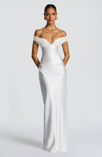 Woman wearing a satin off-shoulder maxi dress with pleated bust and corset bodice - view 7