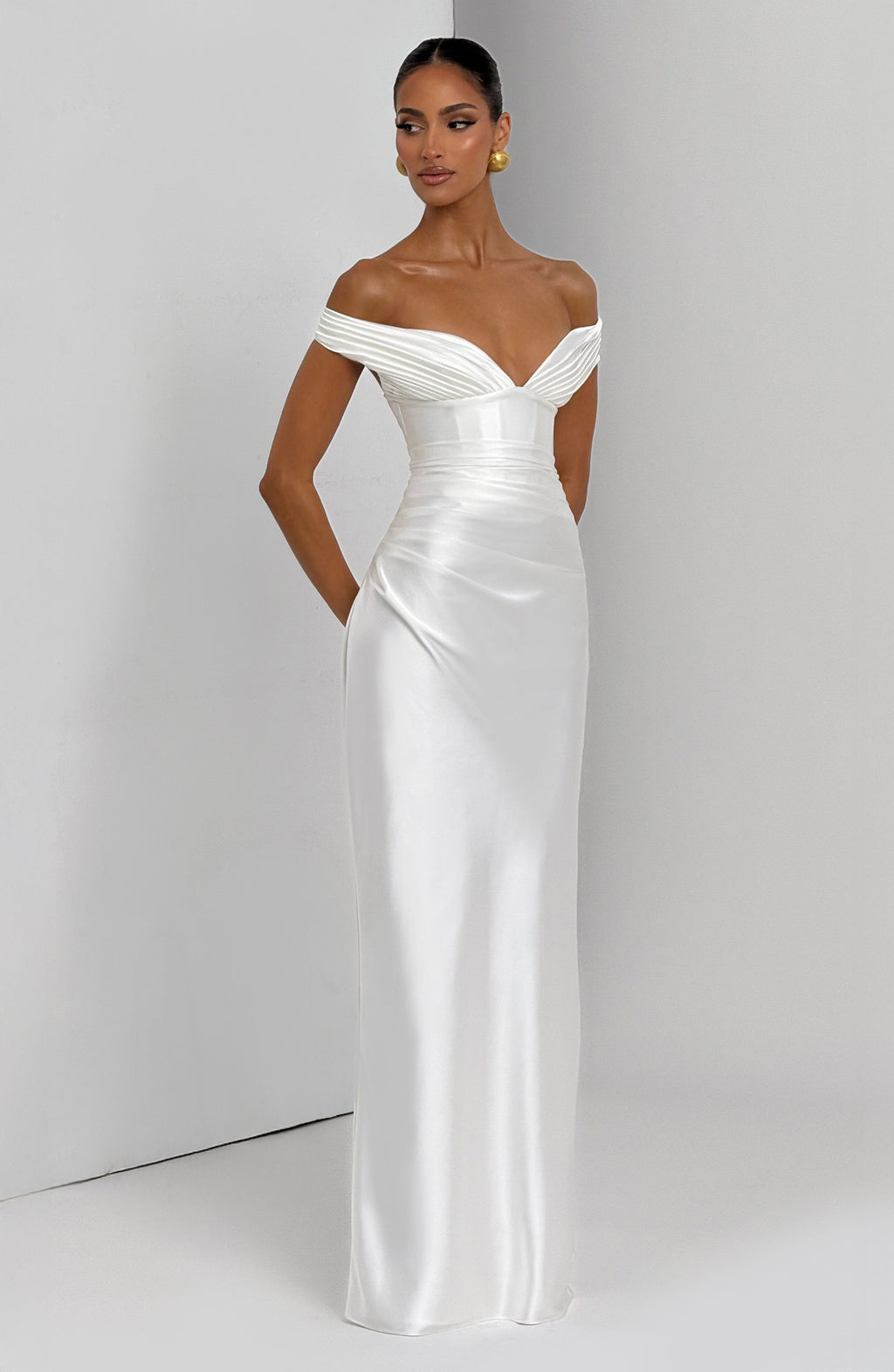 Woman wearing a satin off-shoulder maxi dress with pleated bust and corset bodice - view 8