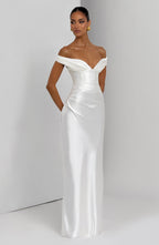 Woman wearing a satin off-shoulder maxi dress with pleated bust and corset bodice - view 8