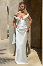 Woman wearing a satin off-shoulder maxi dress with pleated bust and corset bodice - view 9