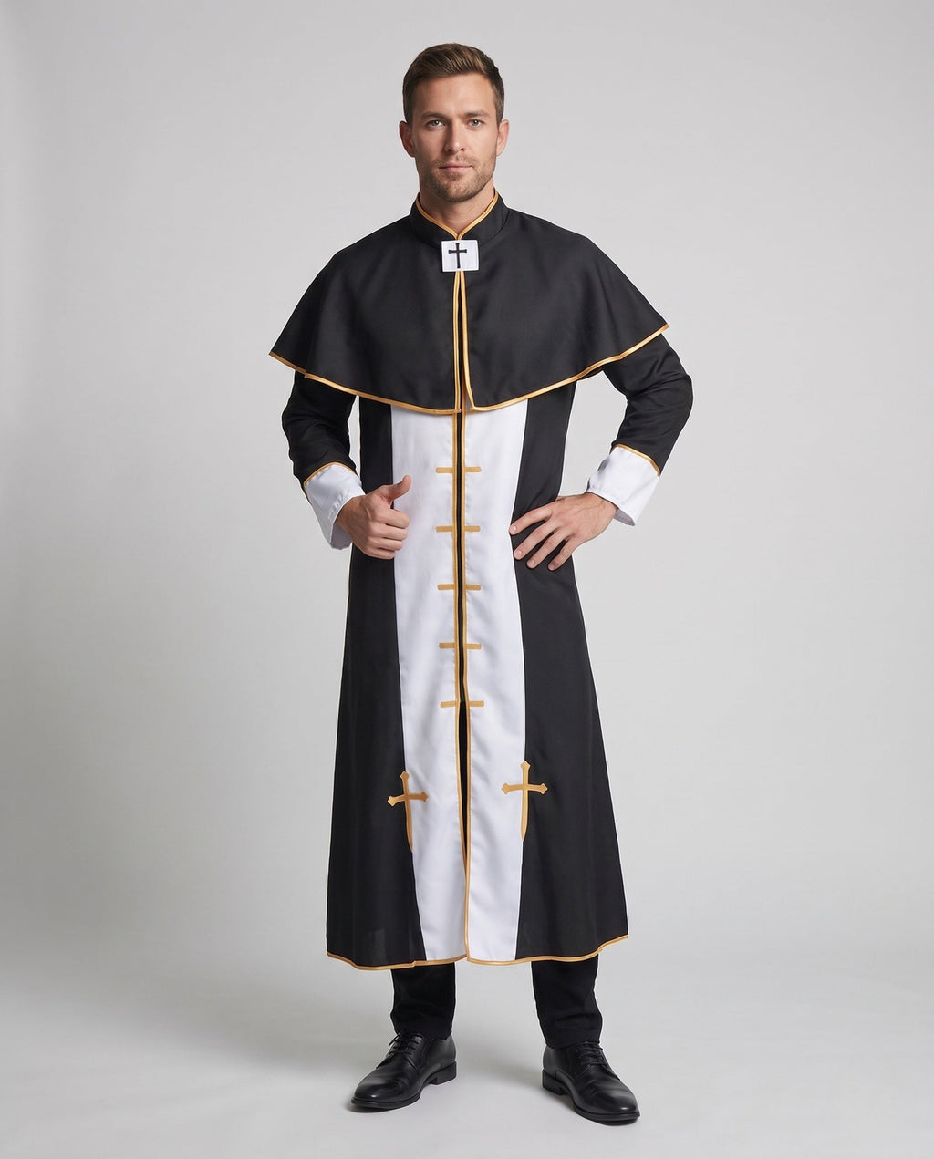Men's black priest Halloween costume with gold-trimmed capelet and white front panel