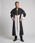 Men's black priest Halloween costume with gold-trimmed capelet and white front panel