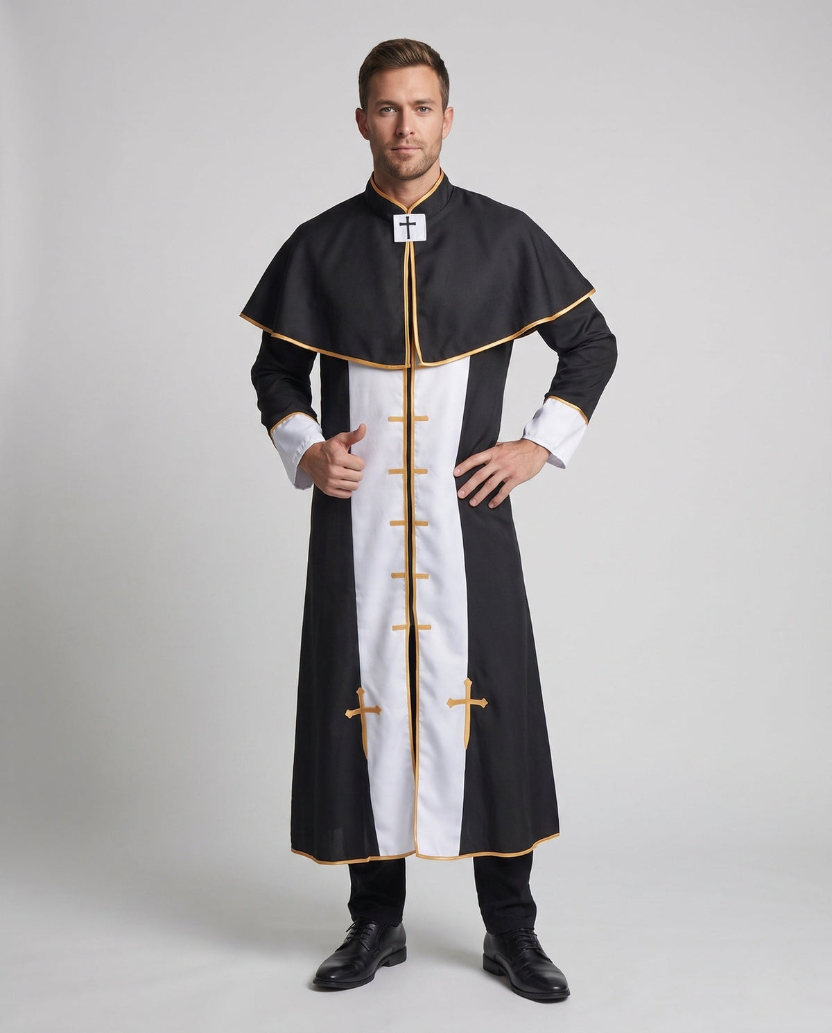 Men's black priest Halloween costume with gold-trimmed capelet and white front panel