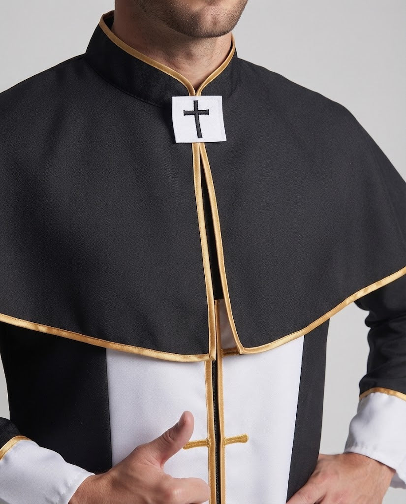 Men's black priest Halloween costume with gold-trimmed capelet and white front panel - view 2