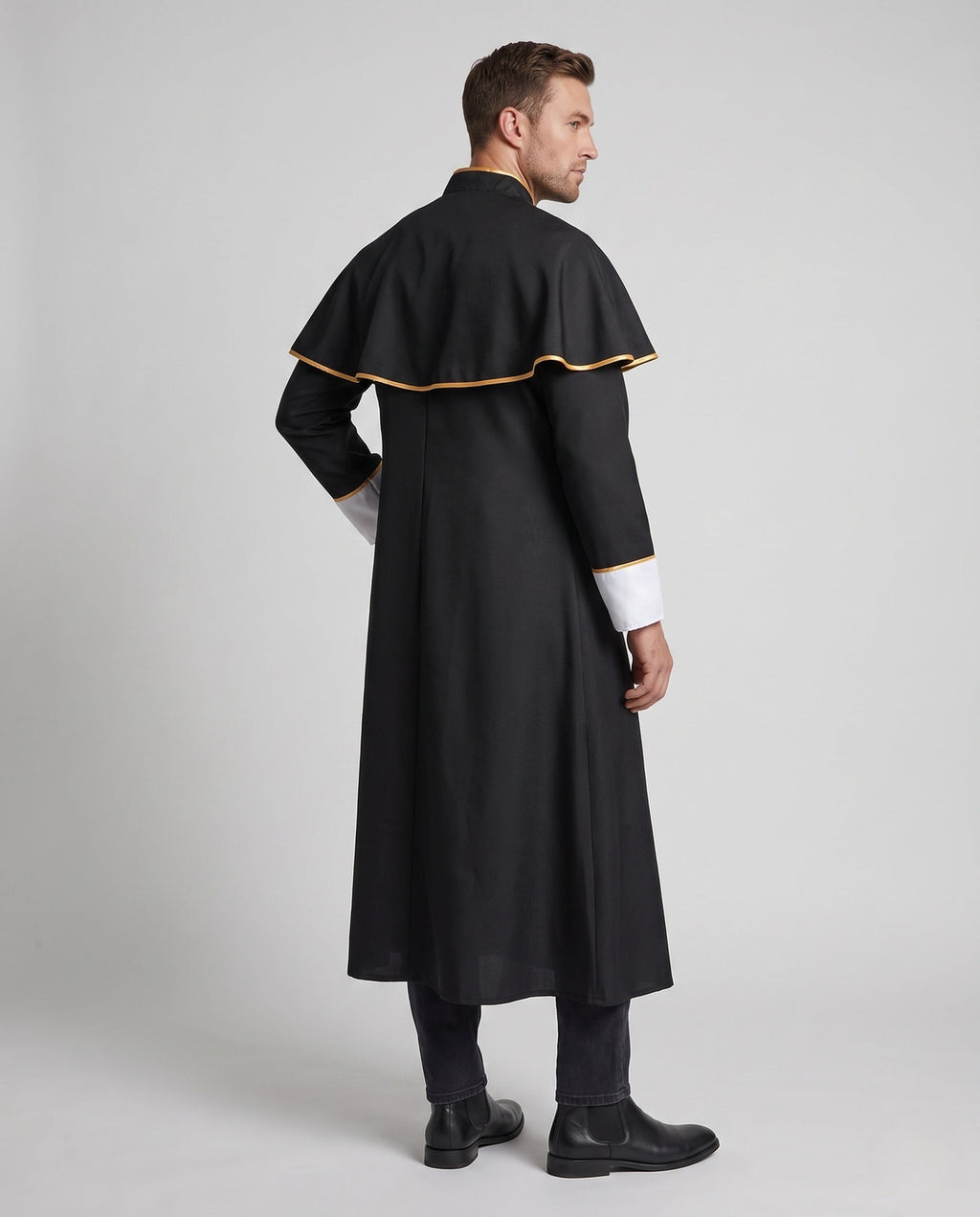 Men's black priest Halloween costume with gold-trimmed capelet and white front panel - view 3
