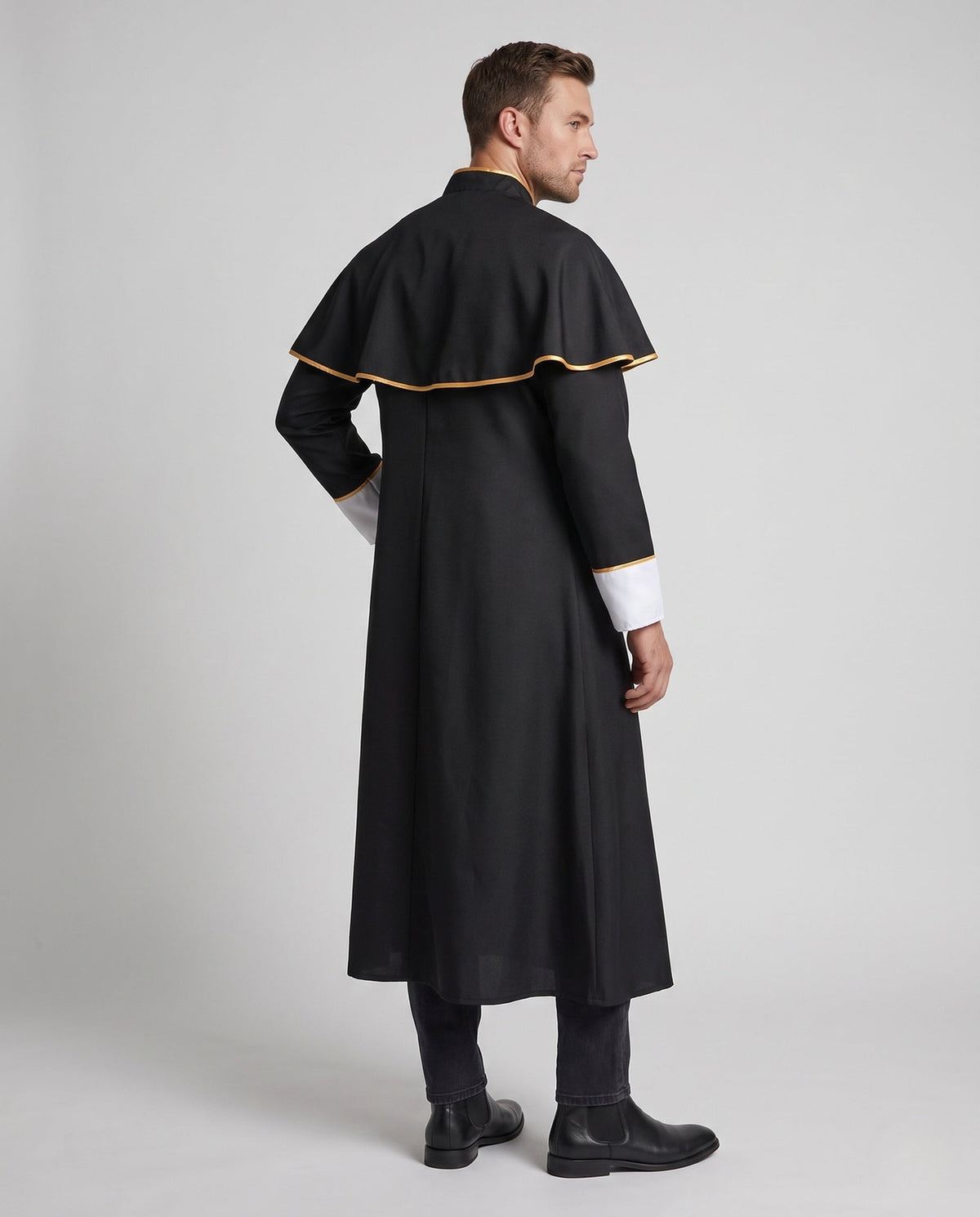 Men's black priest Halloween costume with gold-trimmed capelet and white front panel - view 3