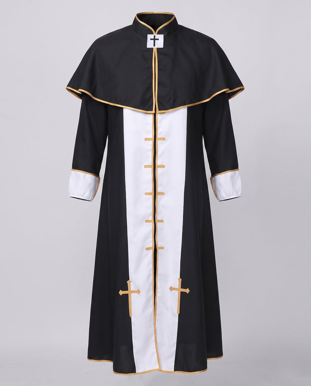 Men's black priest Halloween costume with gold-trimmed capelet and white front panel - view 4