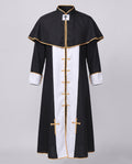 Men's black priest Halloween costume with gold-trimmed capelet and white front panel - view 4