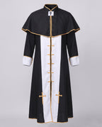 Men's black priest Halloween costume with gold-trimmed capelet and white front panel - view 4