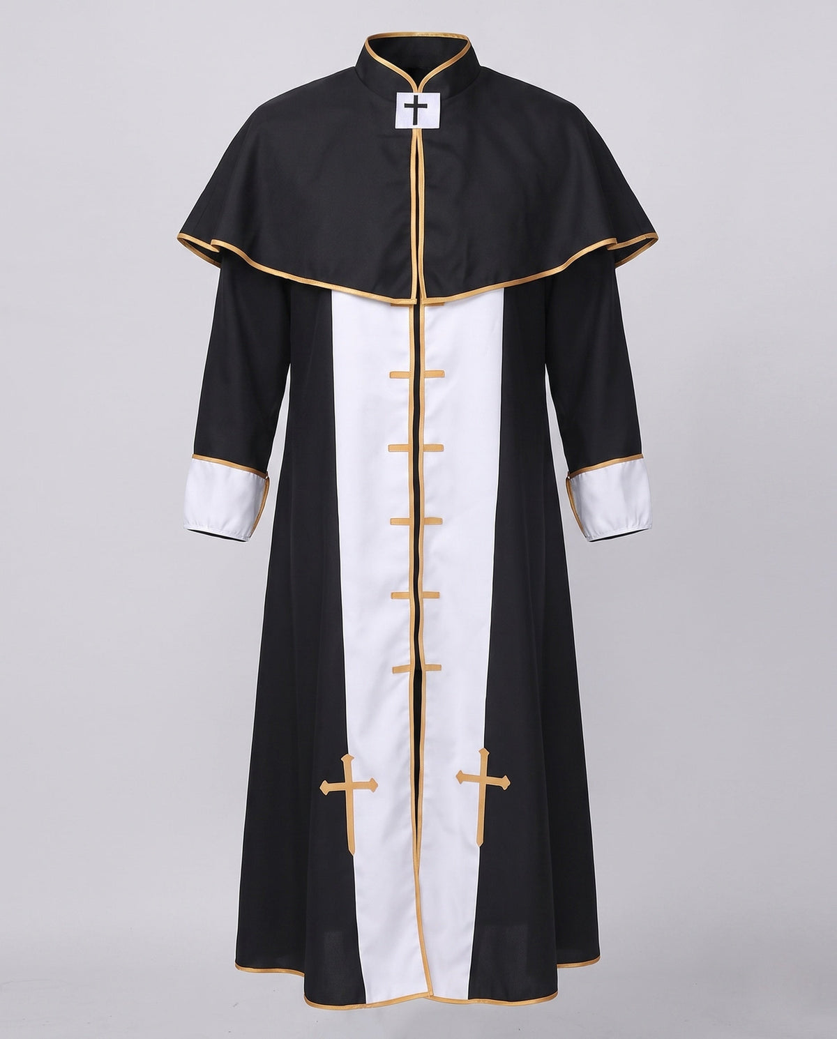Men's black priest Halloween costume with gold-trimmed capelet and white front panel - view 4