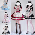 Women's maid Halloween costume with ivory ruffled apron, lace-up bib and bow