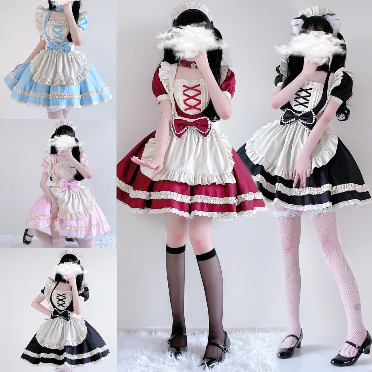 Women's maid Halloween costume with ivory ruffled apron, lace-up bib and bow