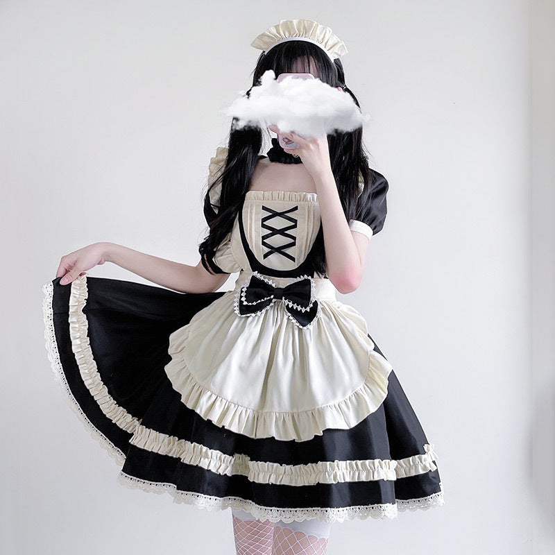 Women's maid Halloween costume with ivory ruffled apron, lace-up bib and bow - view 4