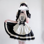 Women's maid Halloween costume with ivory ruffled apron, lace-up bib and bow - view 4