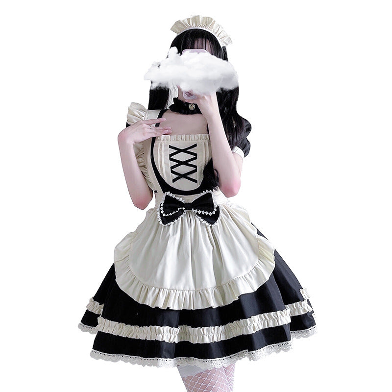 Women's maid Halloween costume with ivory ruffled apron, lace-up bib and bow - view 5