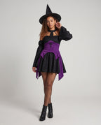 Black jacquard witch costume mini dress with purple corset-style waist, cross appliqué and off-the-shoulder bell sleeves