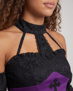 Black jacquard witch costume mini dress with purple corset-style waist, cross appliqué and off-the-shoulder bell sleeves - view 2