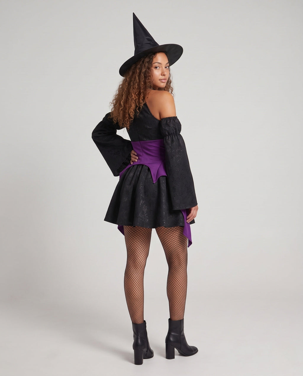 Black jacquard witch costume mini dress with purple corset-style waist, cross appliqué and off-the-shoulder bell sleeves - view 3