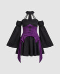 Black jacquard witch costume mini dress with purple corset-style waist, cross appliqué and off-the-shoulder bell sleeves - view 4