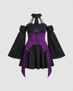Black jacquard witch costume mini dress with purple corset-style waist, cross appliqué and off-the-shoulder bell sleeves - view 4
